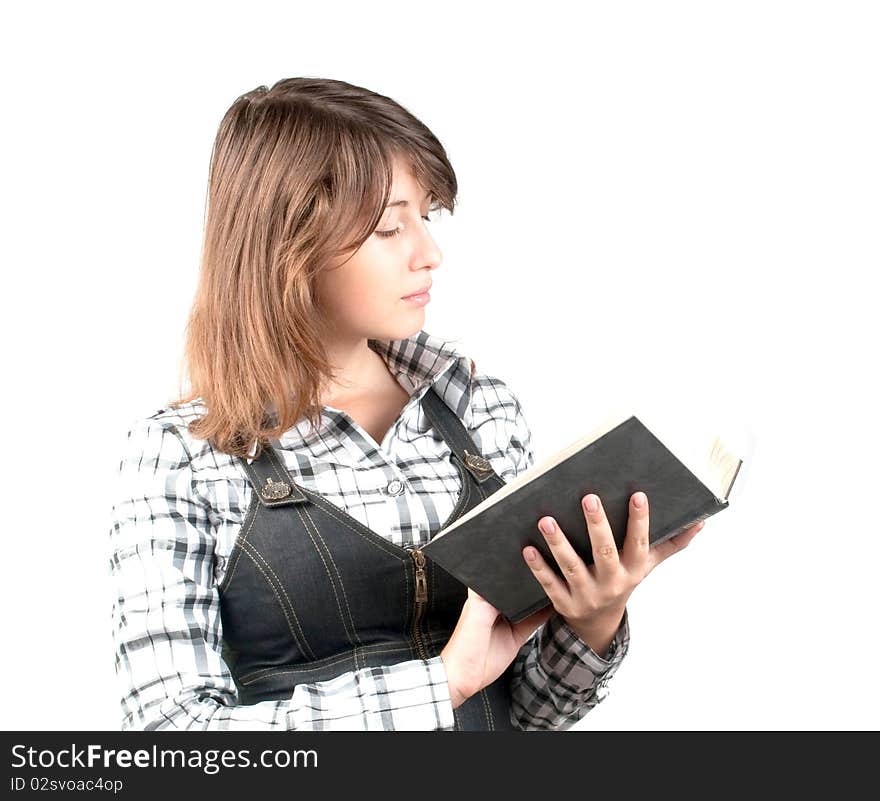 Girl with book on white background