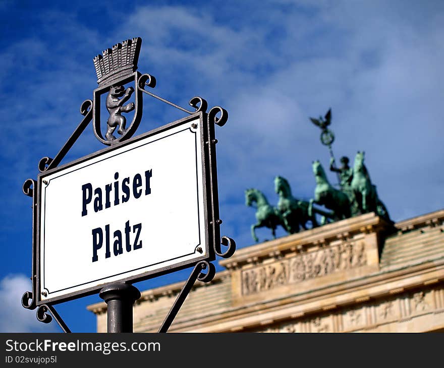 Detail admission of the sign Paris Place at the Brandenburger Gate in Berlin. Detail admission of the sign Paris Place at the Brandenburger Gate in Berlin