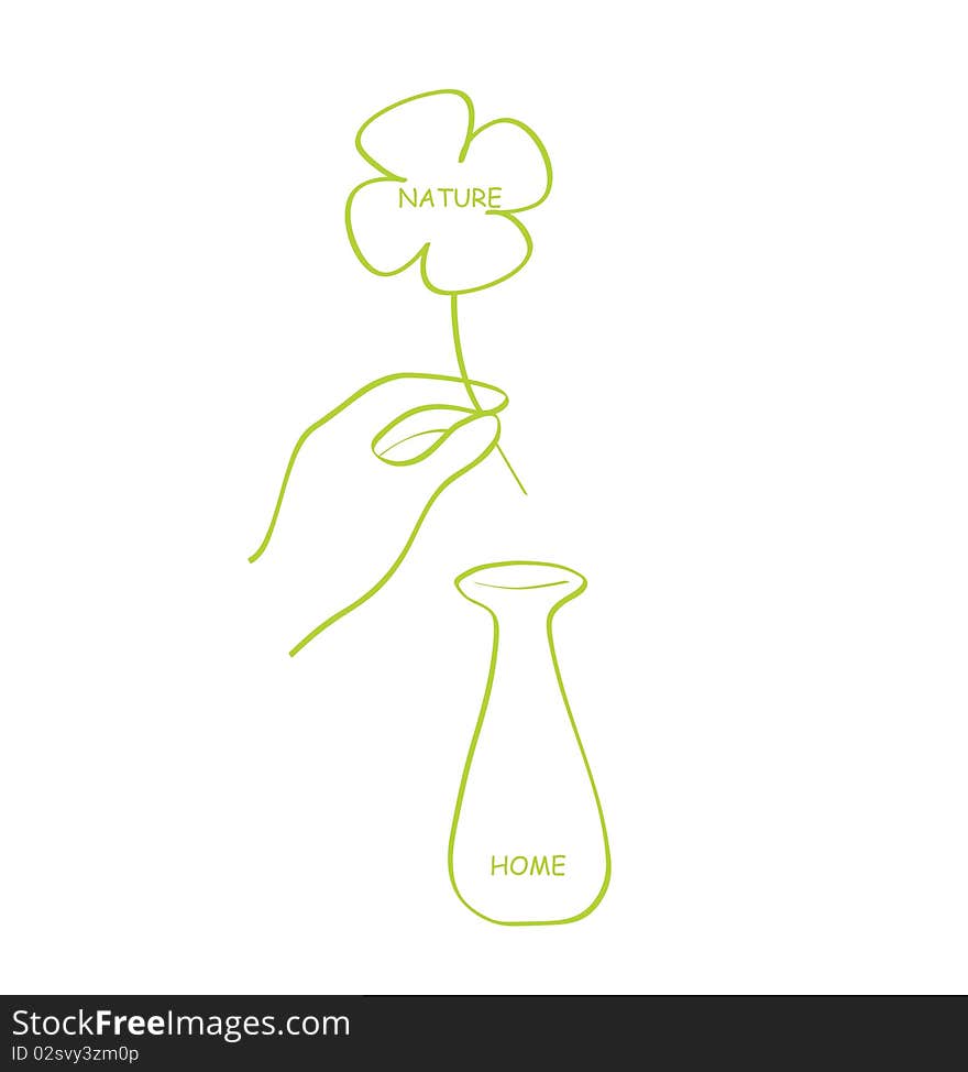 A ecological illustration shows a hand putting a clover into a bottle ,which means giving some green and nature to home. A ecological illustration shows a hand putting a clover into a bottle ,which means giving some green and nature to home