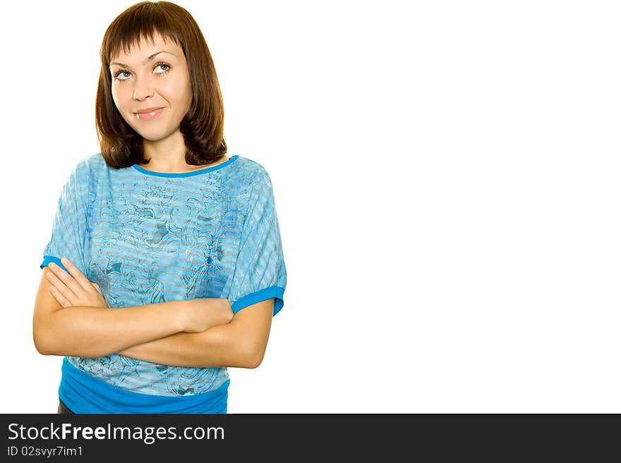 Close-up of a young woman Looking up. Isolated on white background