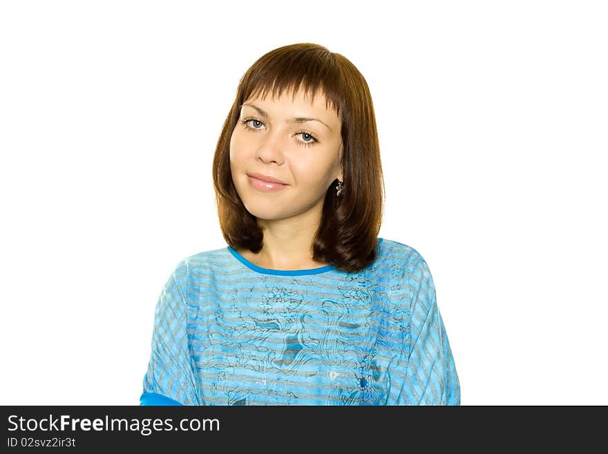 Young woman on white background