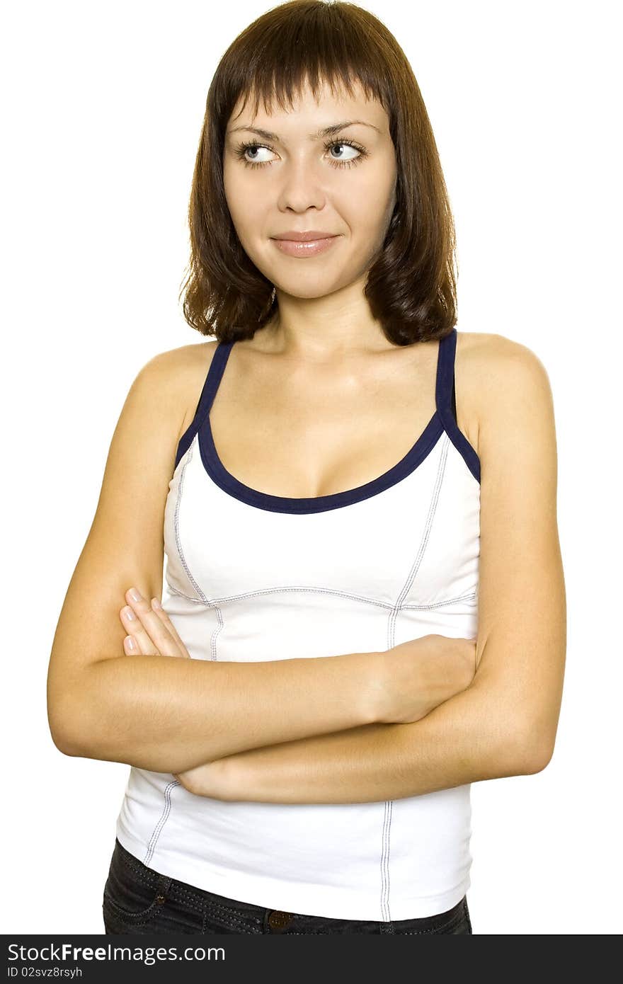 Young woman on white background. Сrossed hands