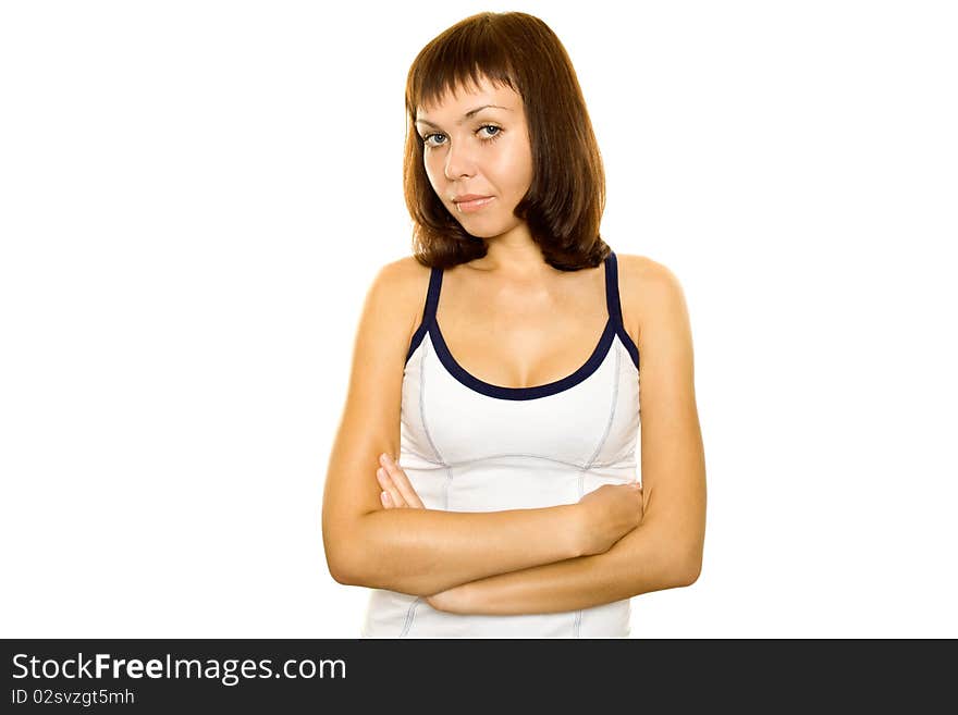 Young woman on white background. Сrossed hands