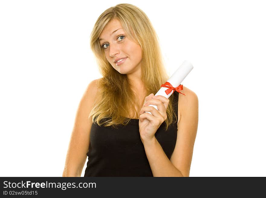 Butiful, happy female graduate holds her diploma while smiling for the camera. Isolated on white background. Butiful, happy female graduate holds her diploma while smiling for the camera. Isolated on white background