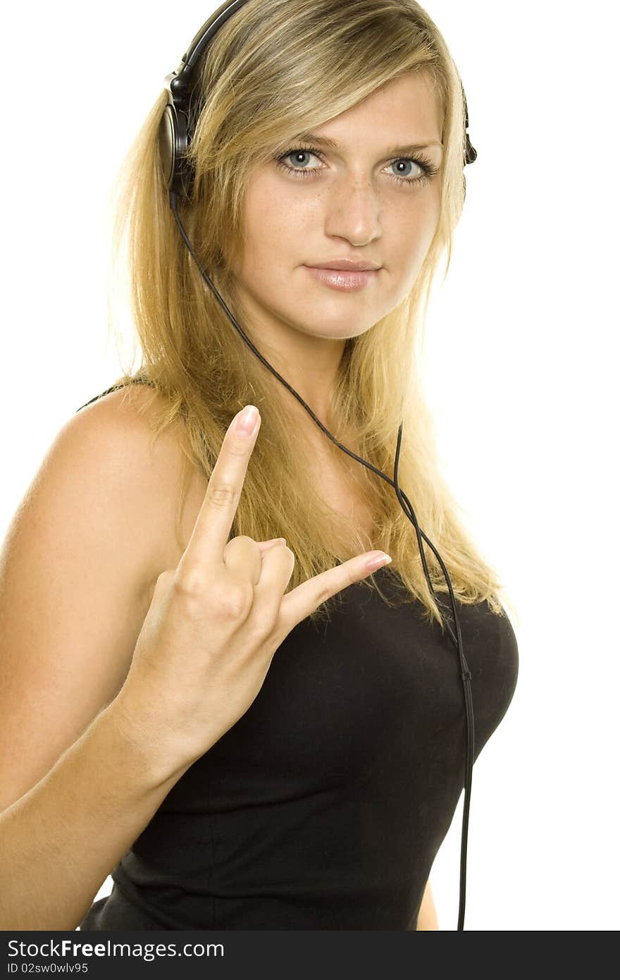 Woman listening to music and singing. Isolated on white background. Woman listening to music and singing. Isolated on white background