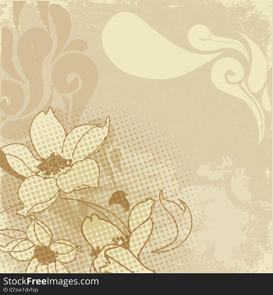 Vintage flower paint on squared grunge background