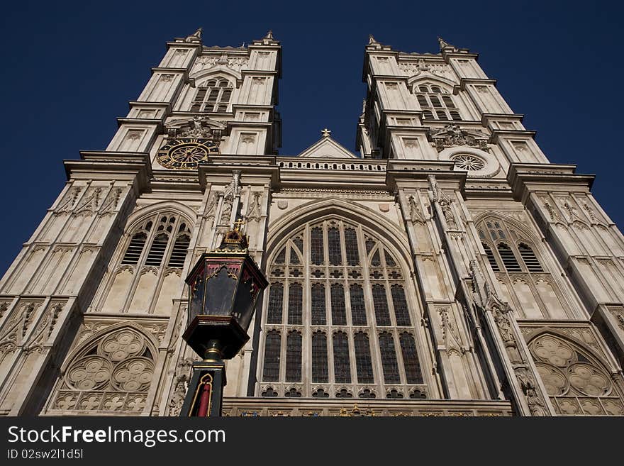 Main Facade of Westminster Abbey Church in London, England taken from low angle