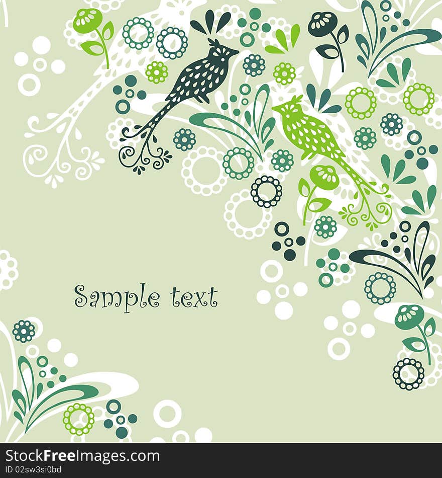 Postcard with green birds, flowers and leaves on yellow background. Vector illustration.