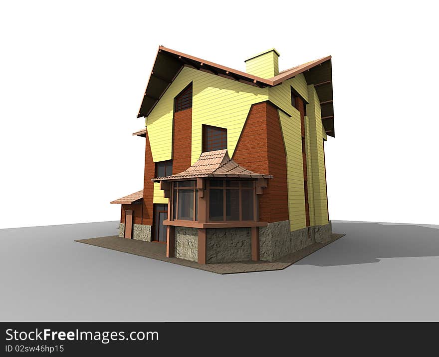 3D model of an individual modern wooden house on an abstract site.