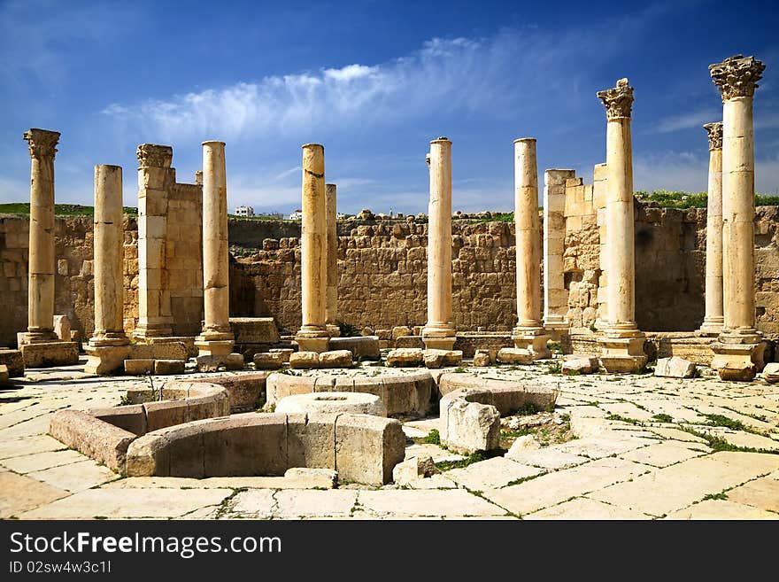 Ancient square with colomns in Jerash, Jordan