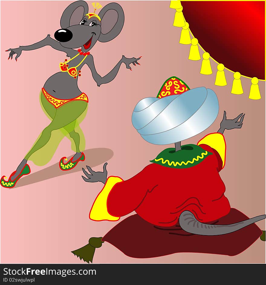 Beautiful mouse-woman dances east dance  before a khan. Beautiful mouse-woman dances east dance  before a khan