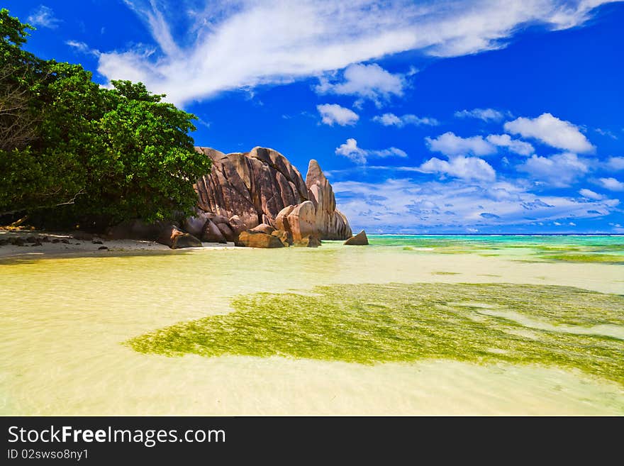 Beach Source d'Argent at Seychelles - nature background