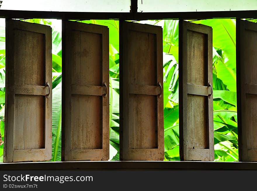 Look outside the windows to green banana trees at Wat Tapakhaohai , Phitsanulok Thailand