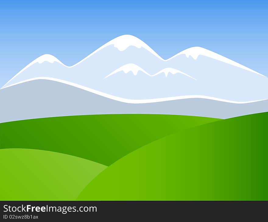 Vcetor picture of landscape with mountains, blue sky and green meadow