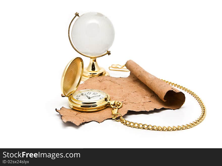 Old paper globe and clock on a white background