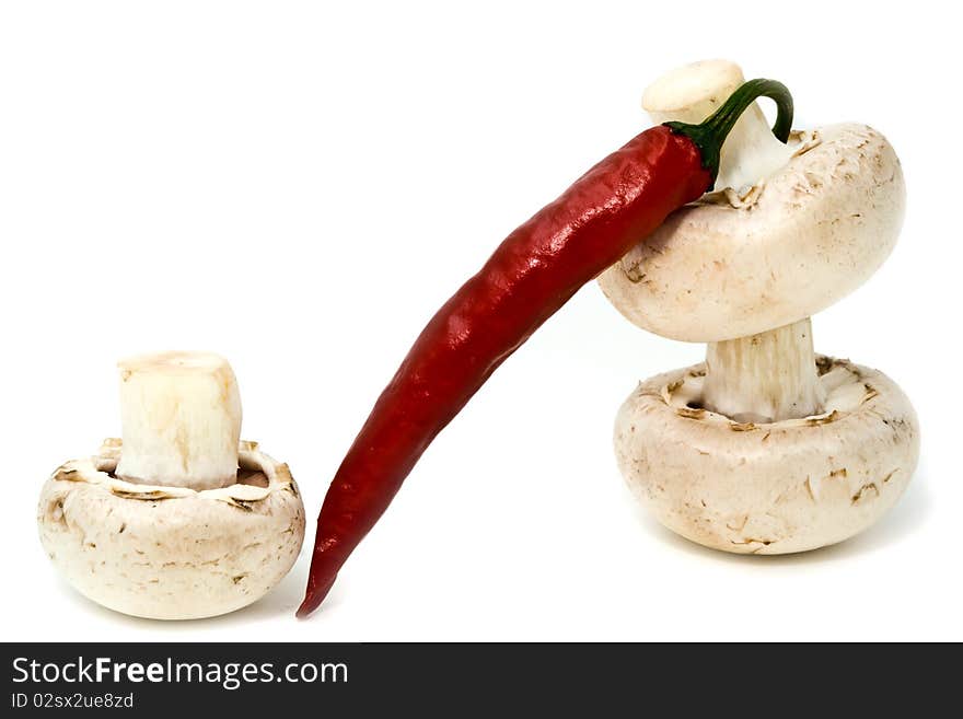 Mushrooms and pepper on a white background