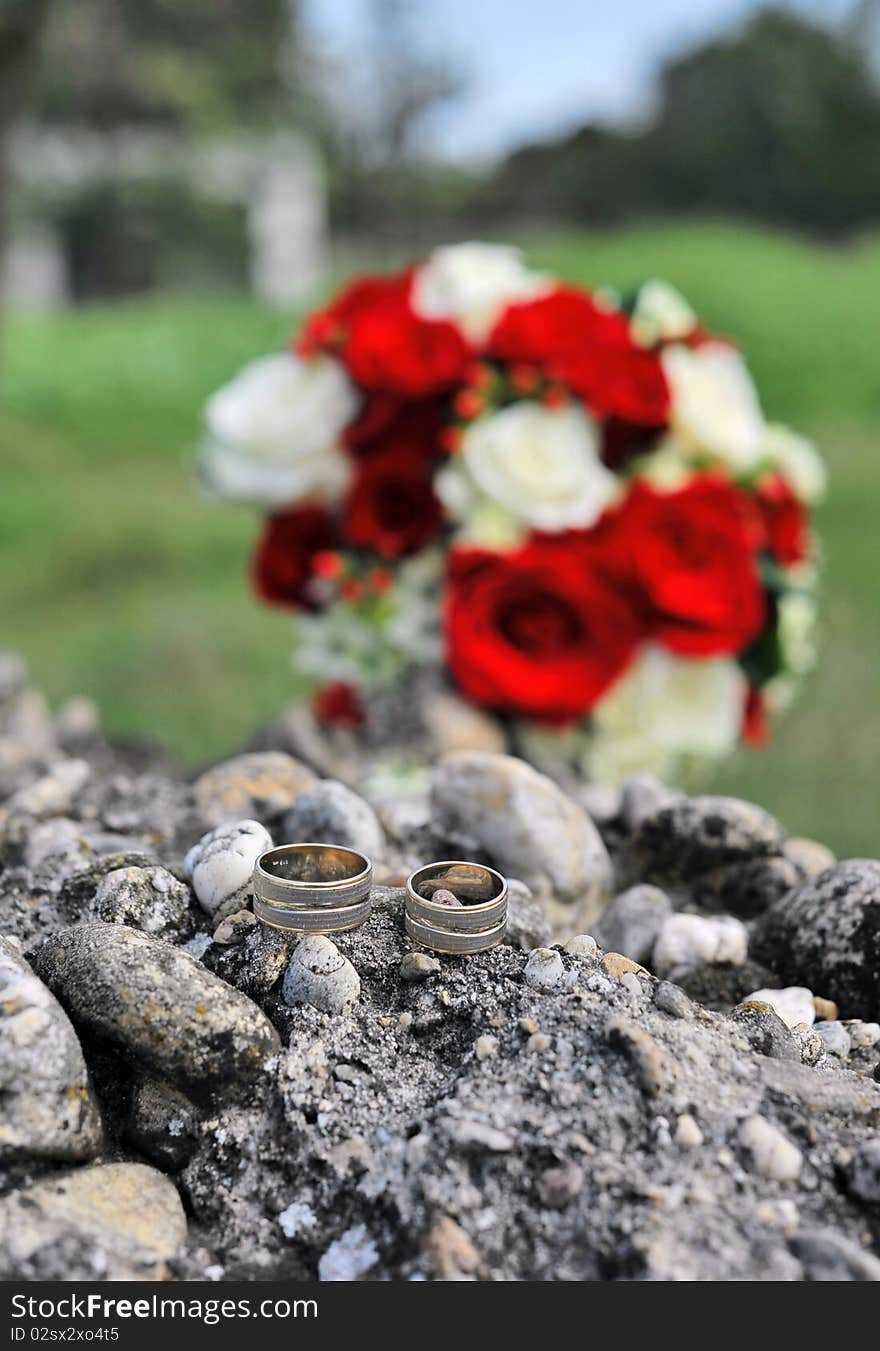 Bouquet with roses for the bride and rings. Bouquet with roses for the bride and rings