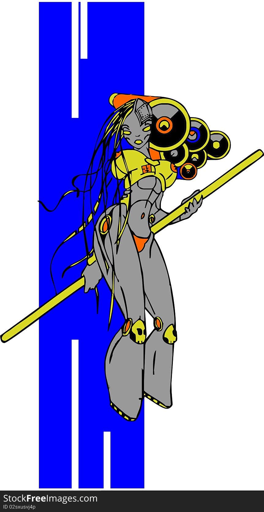 Cyber female with long stuff and with bass in her arm. Cyber female with long stuff and with bass in her arm