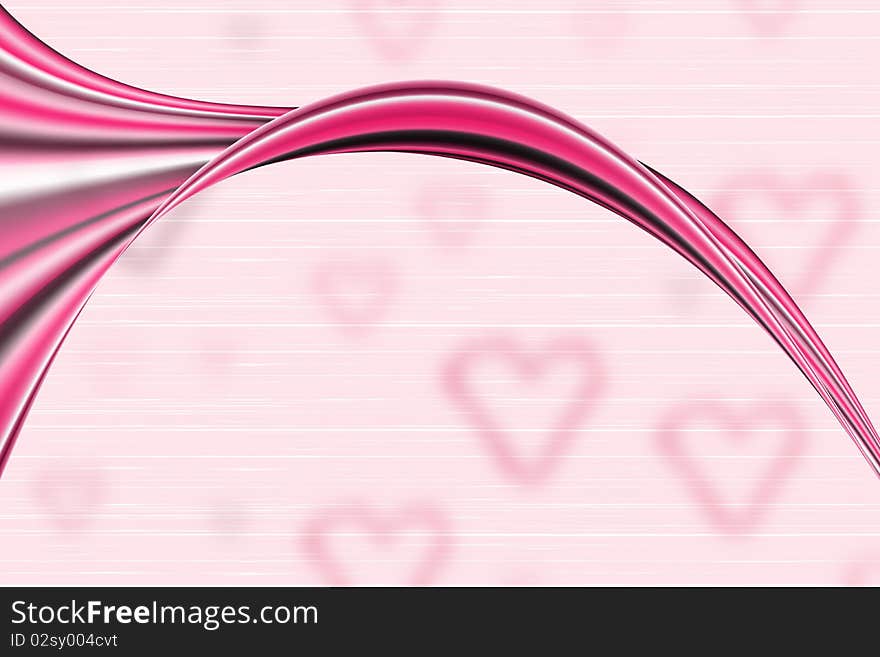 Abstract background showing a red and pink flow in front of soft-focus hearts. Abstract background showing a red and pink flow in front of soft-focus hearts