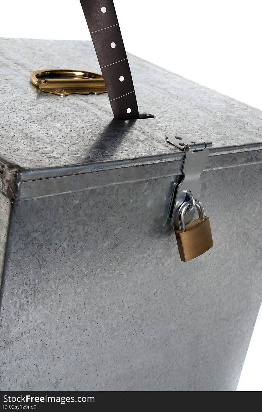 Vintage metal ballot box with padlock ticket voting