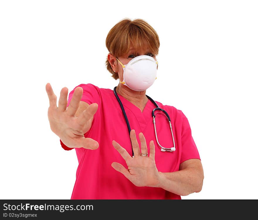 Nurse With Mask Holding Hands Up Staying Away. Nurse With Mask Holding Hands Up Staying Away