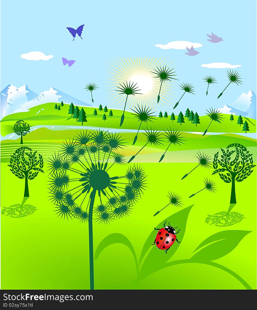 Dandelion and ladybird, Mountain scene