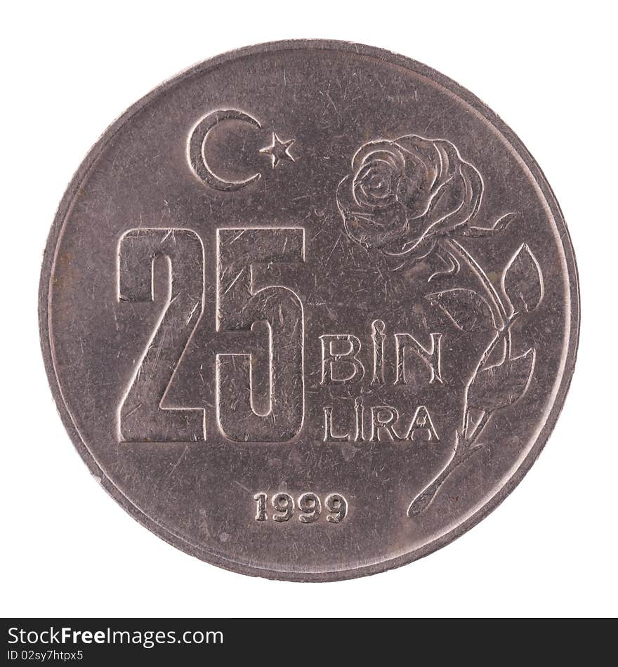 25 bin lira coin of Turkey. Coin isolated on white - detailed closeup macro