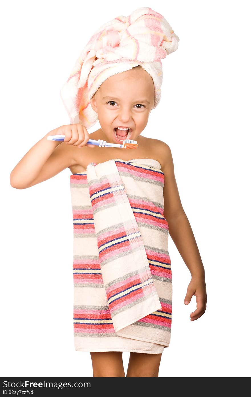 Happy little girl with toothbrush. Beautiful caucasian model. Isolated on white background.