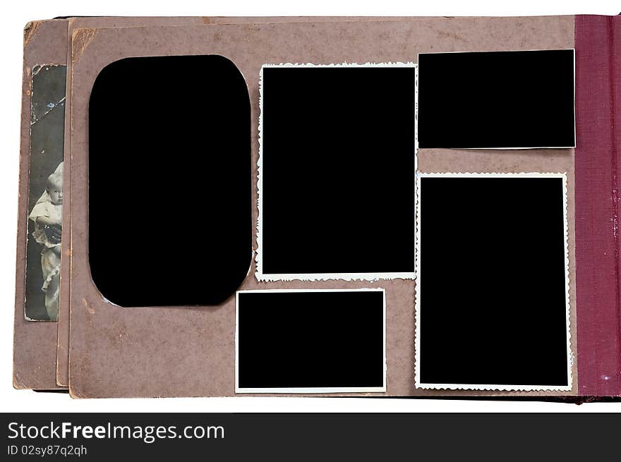 Vintage photo album with empty photos isolated on white background with clipping path