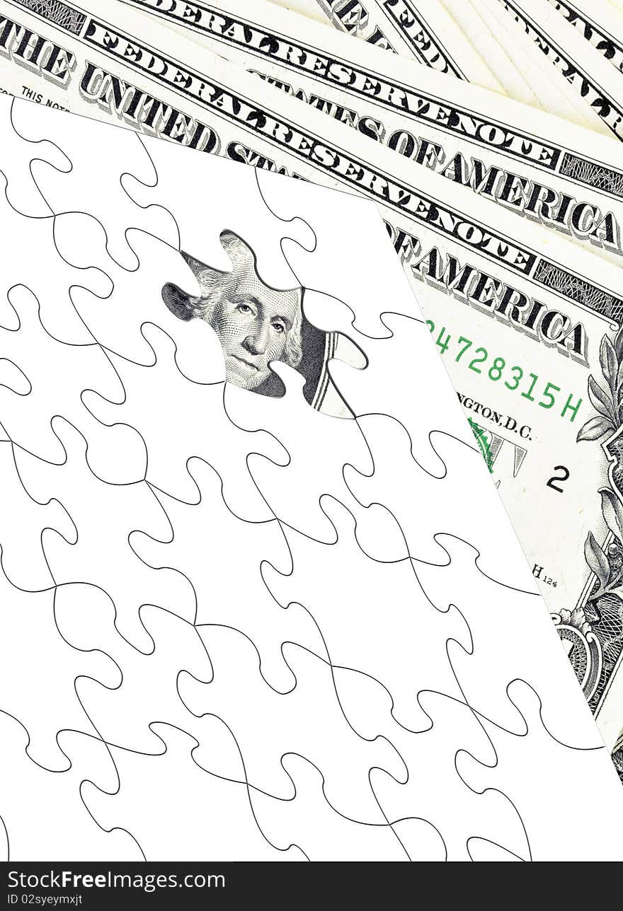 Closeup of US Dollar banknotes with white jigsaw pieces. Closeup of US Dollar banknotes with white jigsaw pieces