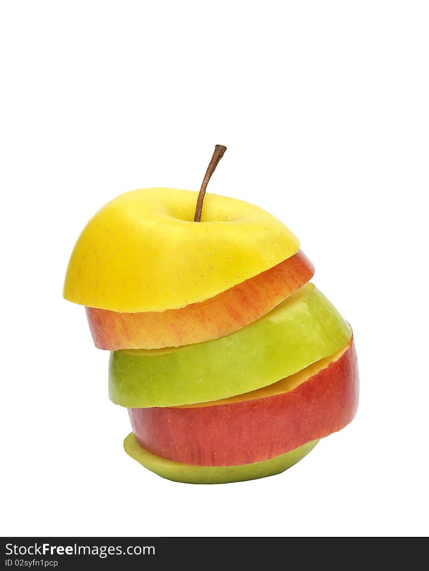 Slices of three different apples stacked over white. Slices of three different apples stacked over white