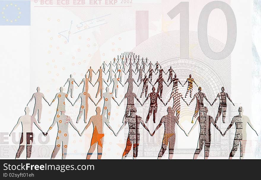 Ten Euro banknote overlaid with male figures. Ten Euro banknote overlaid with male figures