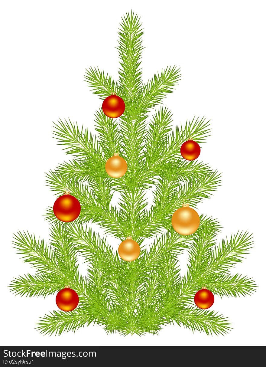 Christmas tree with simple decoration. Isolated on a white. Vector illustration.