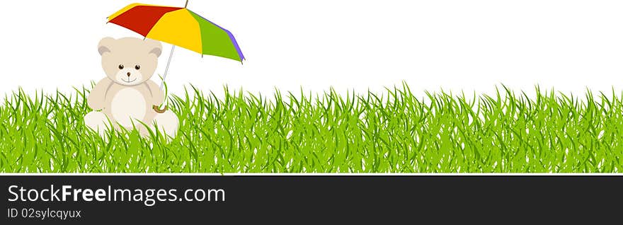 Toy bear with an umbrella sitting on a grass. Isolated on a white. Vector illustration. Toy bear with an umbrella sitting on a grass. Isolated on a white. Vector illustration.