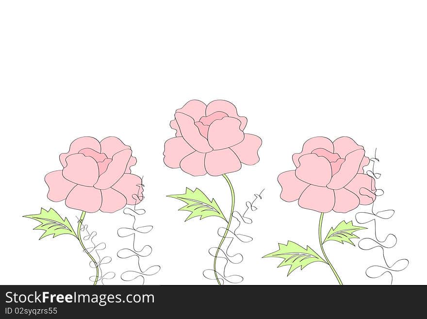 There are three pink peonies with leaves