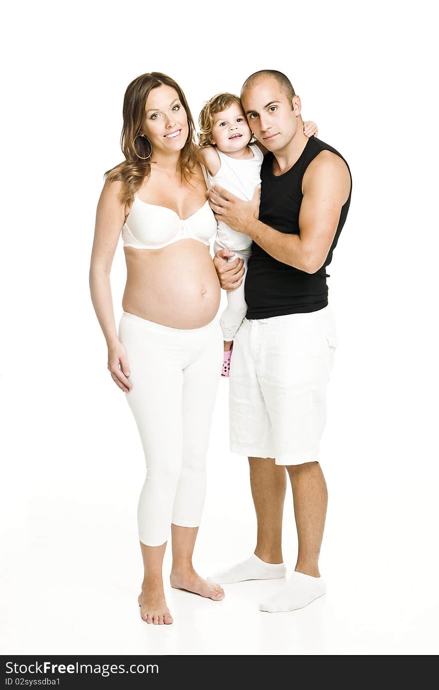 Pregnant woman with her family isolated on white background