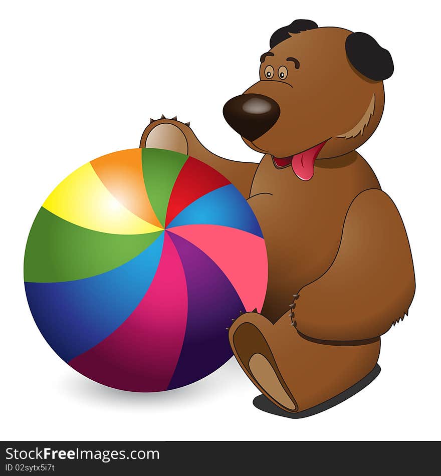 Illustration, plush bear and ball on white background