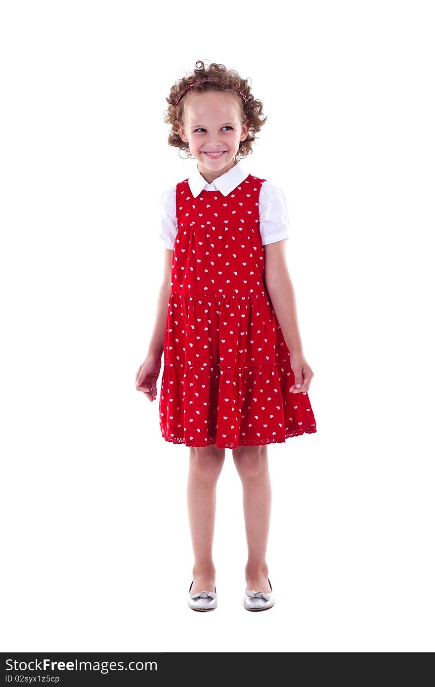 The little girl in dressing-up dress full Length. On a white background.