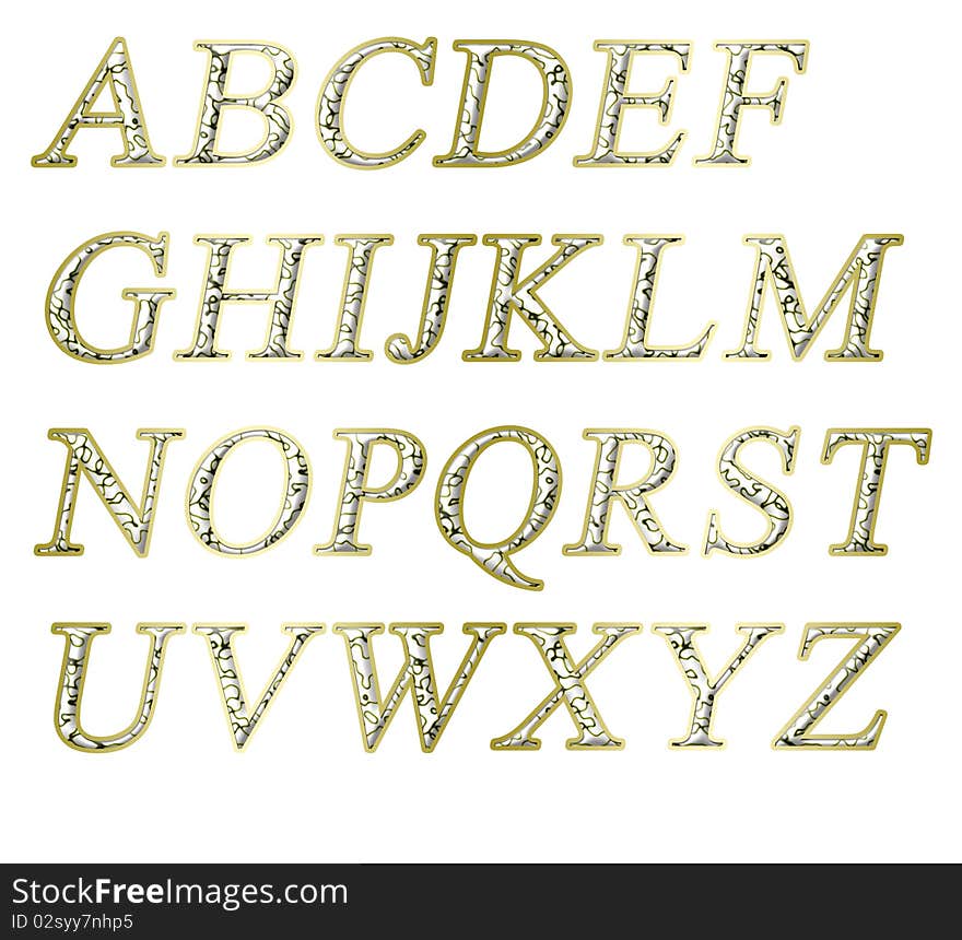 Alphabet on a white background with a gold texture