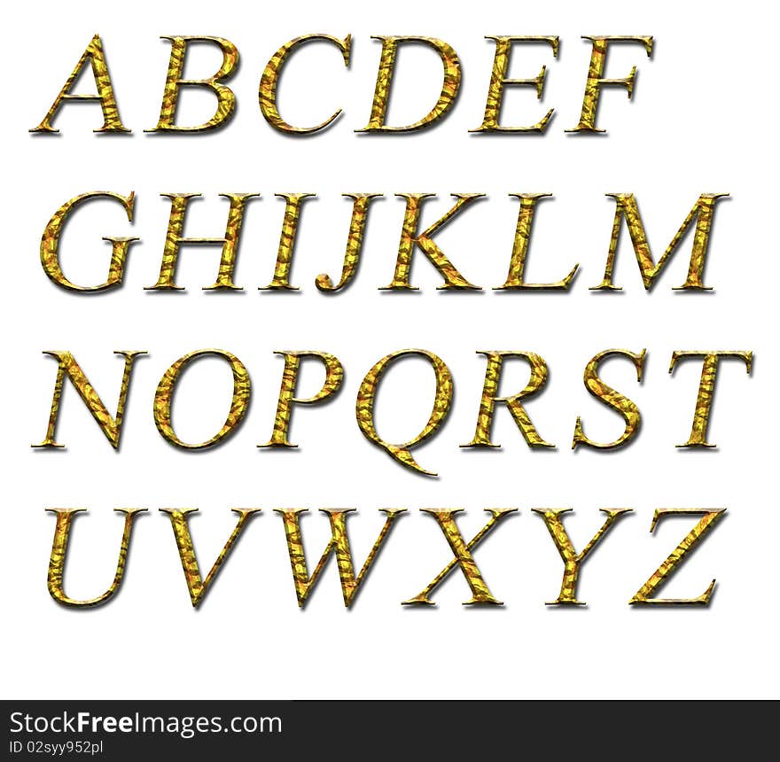 Alphabet on a white background with a gold texture