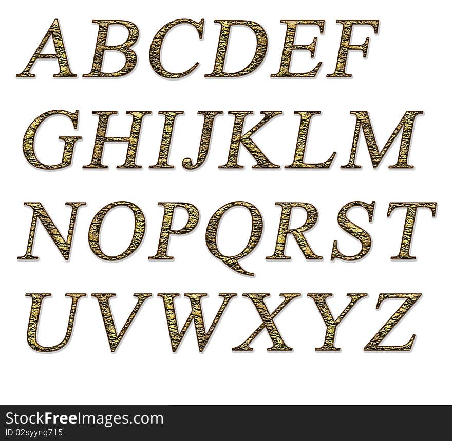 Alphabet on a white background with a gold texture