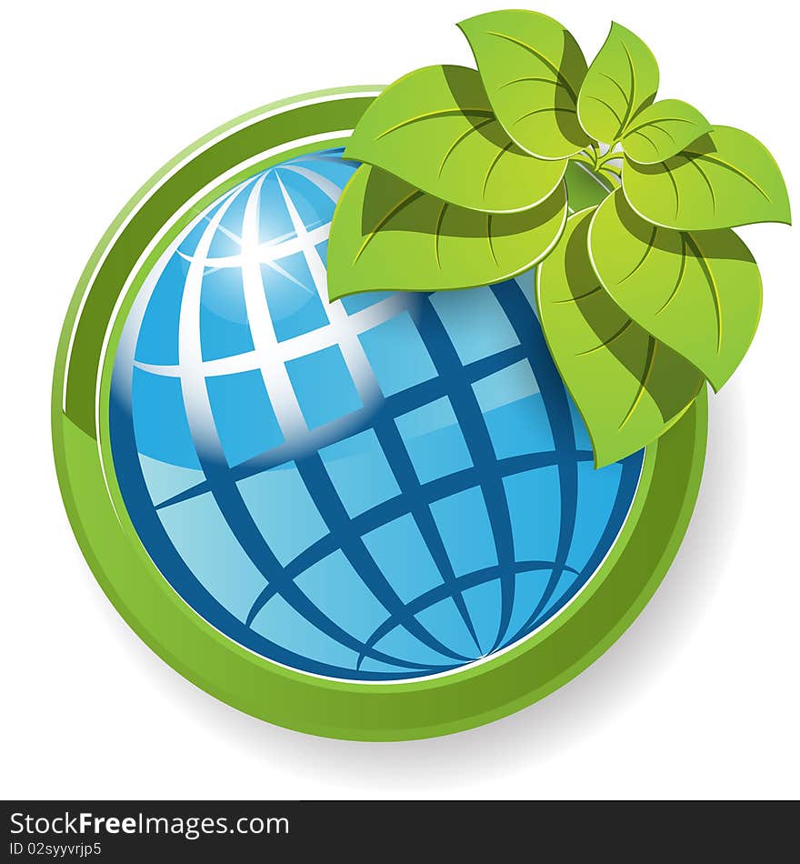 Illustration, green flower on abstract blue globe. Illustration, green flower on abstract blue globe