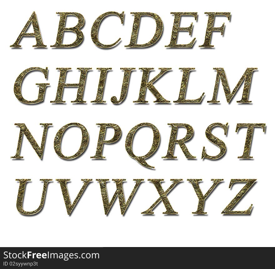 Alphabet on a white background with a gold texture