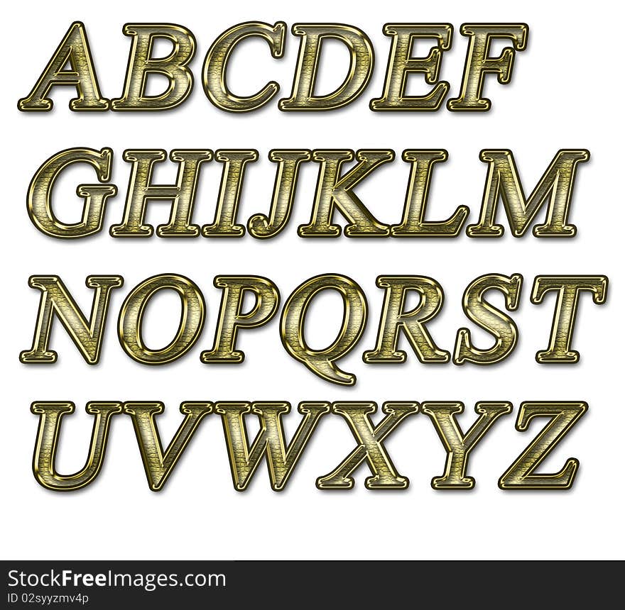 Alphabet on a white background with a gold texture