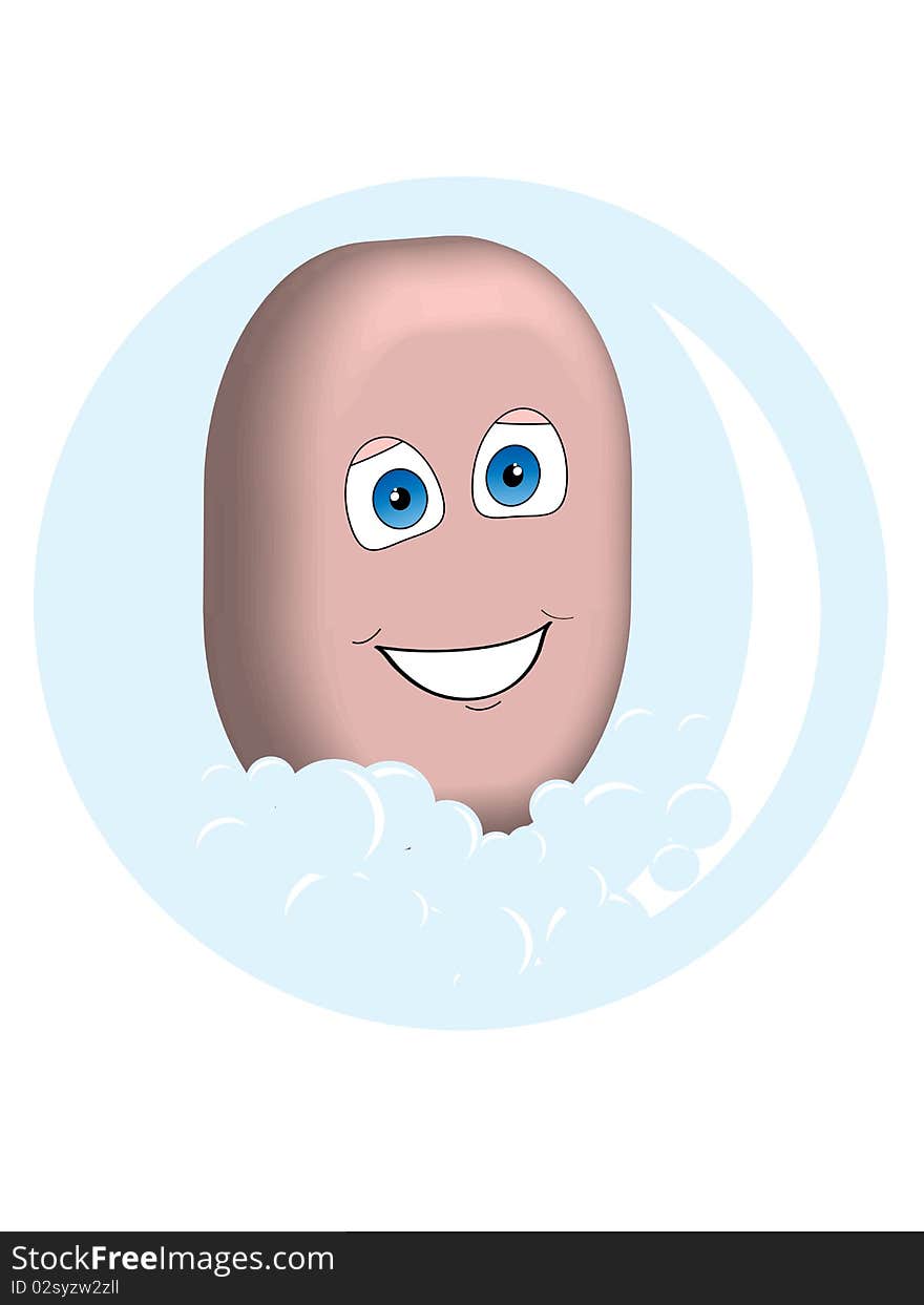 Smiling soap cartoon character with bubbles