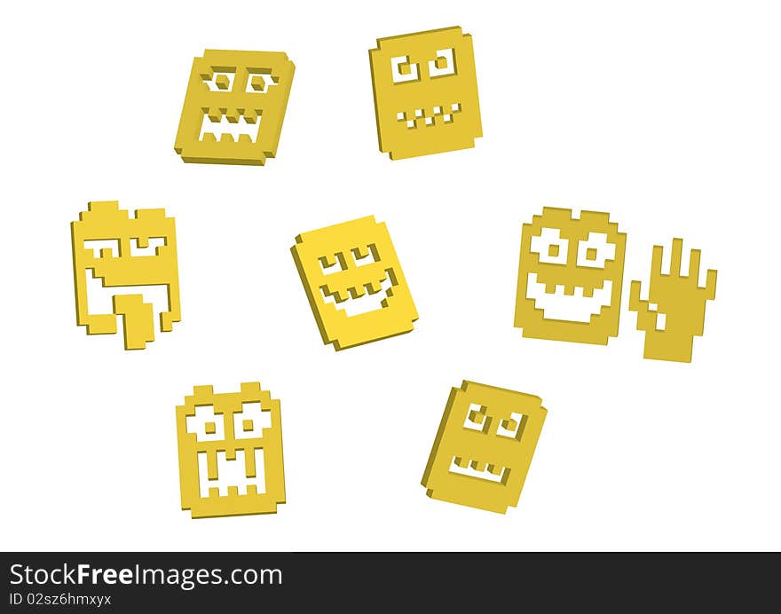 3D pixel yellow smilies - illustration. 3D pixel yellow smilies - illustration