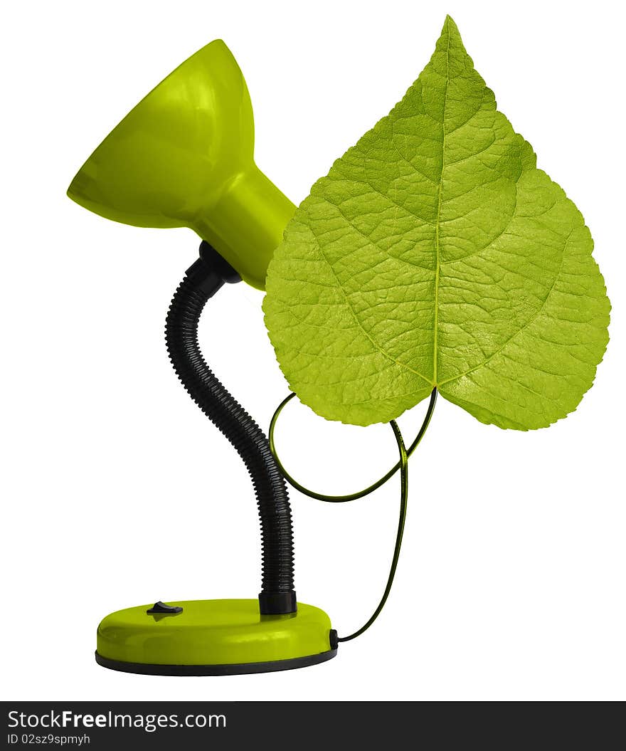 Green desk-lamp with leaf isolated on white background