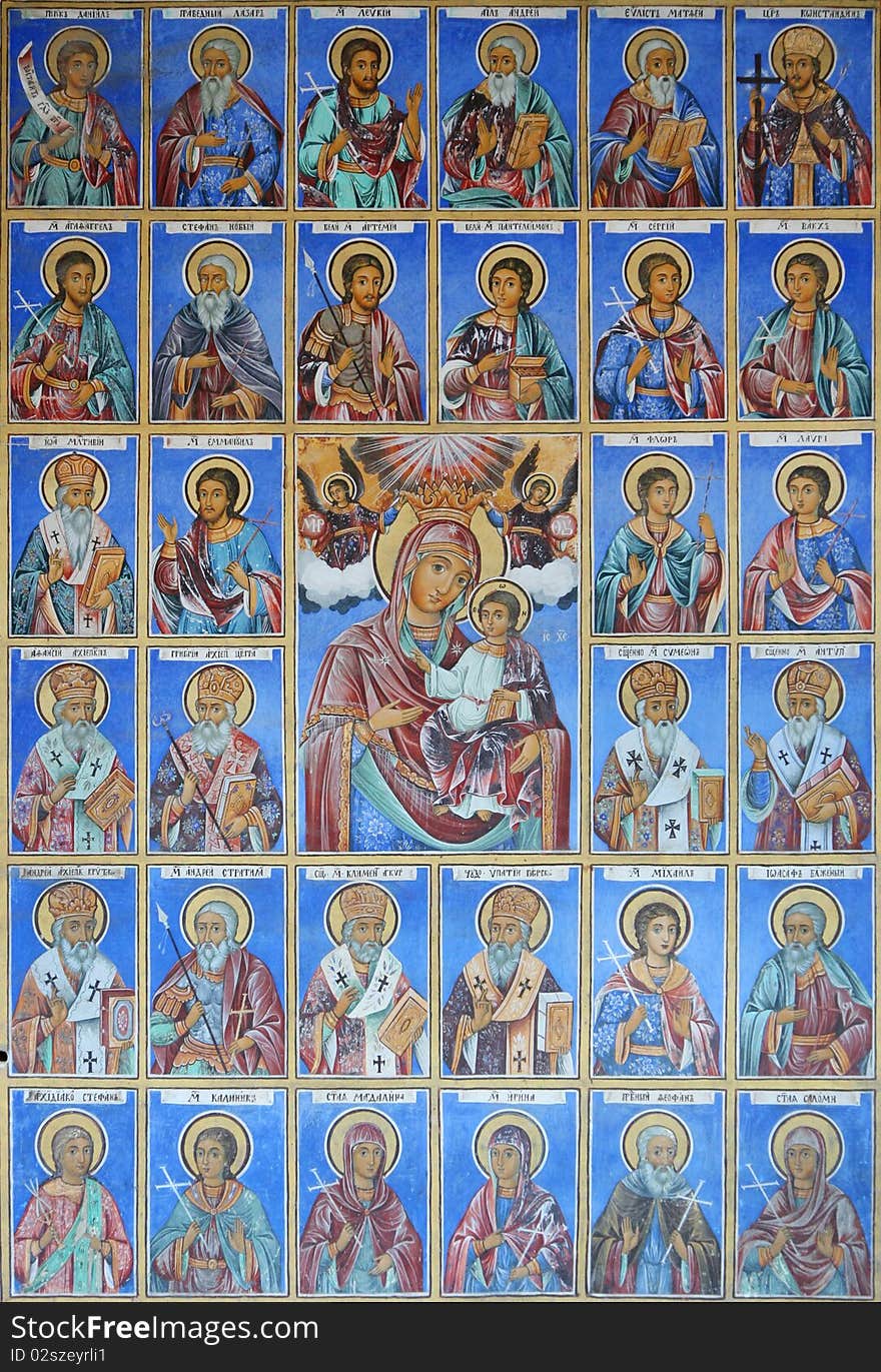 Hand drawn wall icons in bulgarian monastery