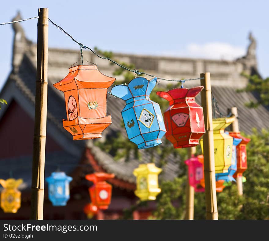 View of lanterns in a chinese garden