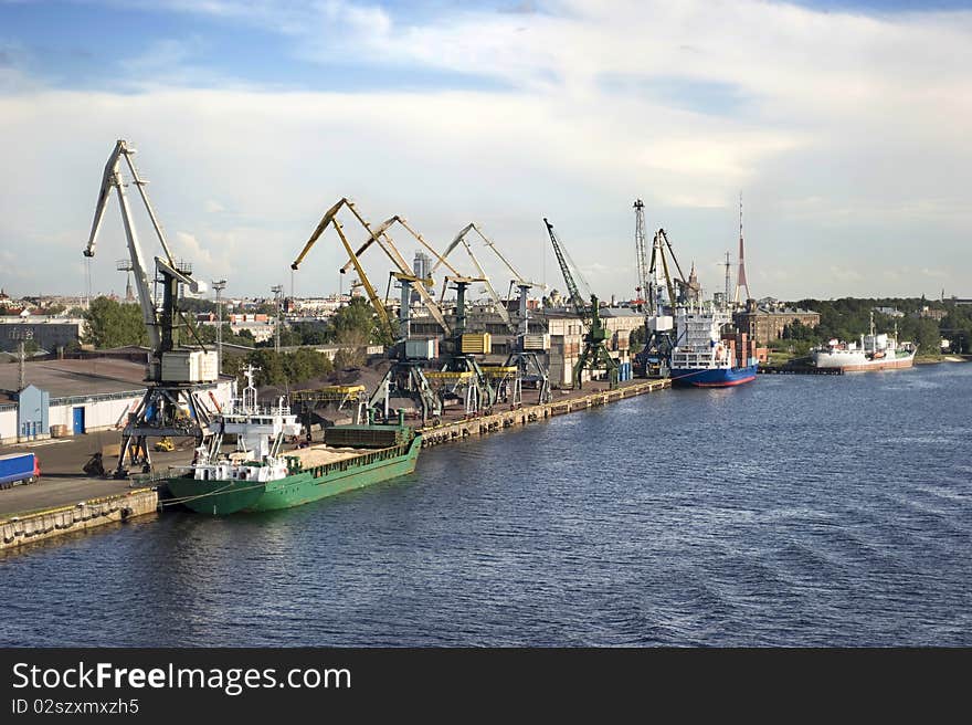 Industrial freight port in the sunshine day. Riga ( Latvia)